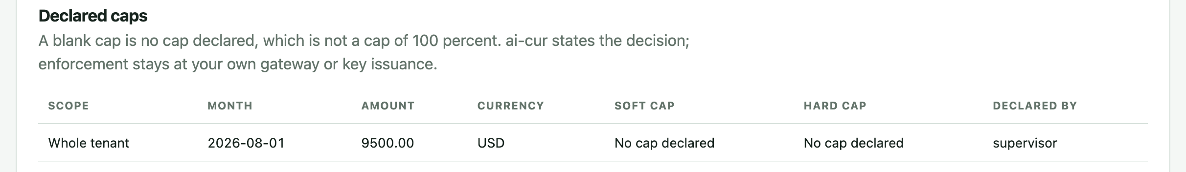 Declared caps in the ai-cur demo admin page with soft and hard caps reading No cap declared, and the note that ai-cur states the decision while enforcement stays at your gateway or key issuance