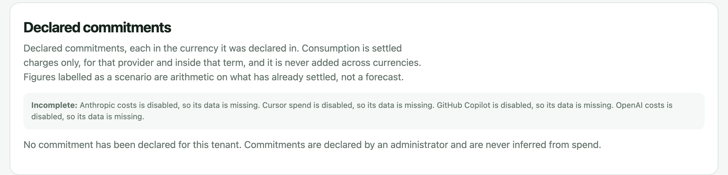 Declared commitments in the ai-cur demo: no commitment has been declared, and commitments are declared by an administrator and never inferred from spend