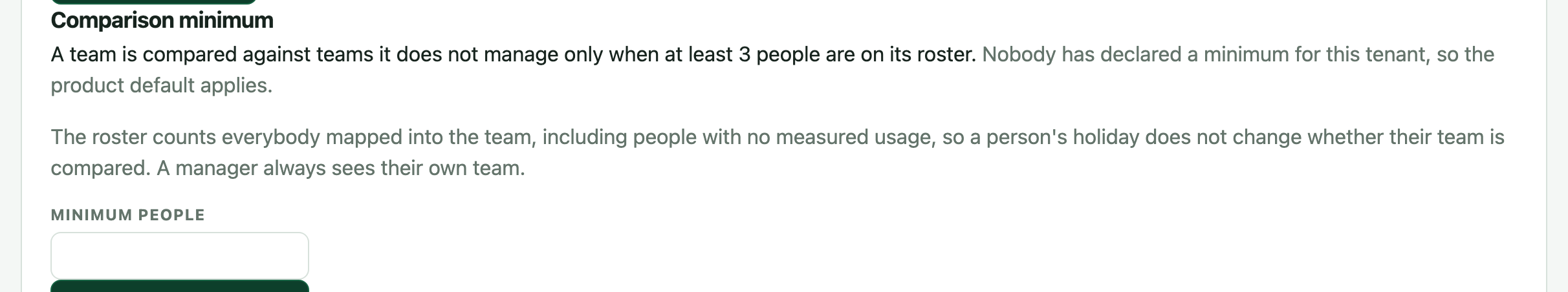 Comparison minimum in the ai-cur demo admin page: a team is compared only when enough people are on its roster, and the product default applies because none is declared