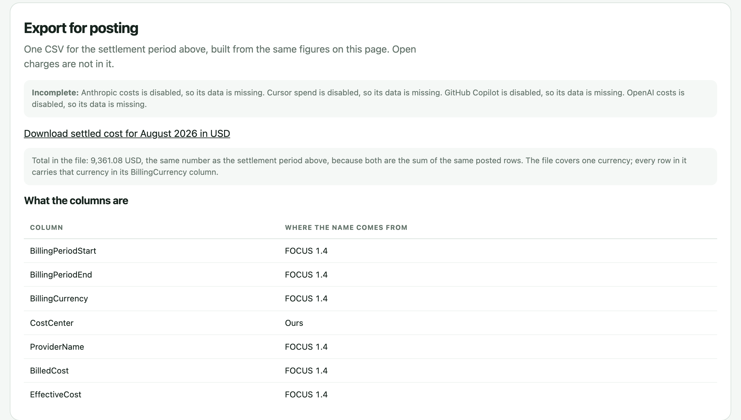 Export for posting in the ai-cur demo finance view: a download for settled cost for August 2026 in USD, total in the file 9,361.08 USD, and the columns the file carries