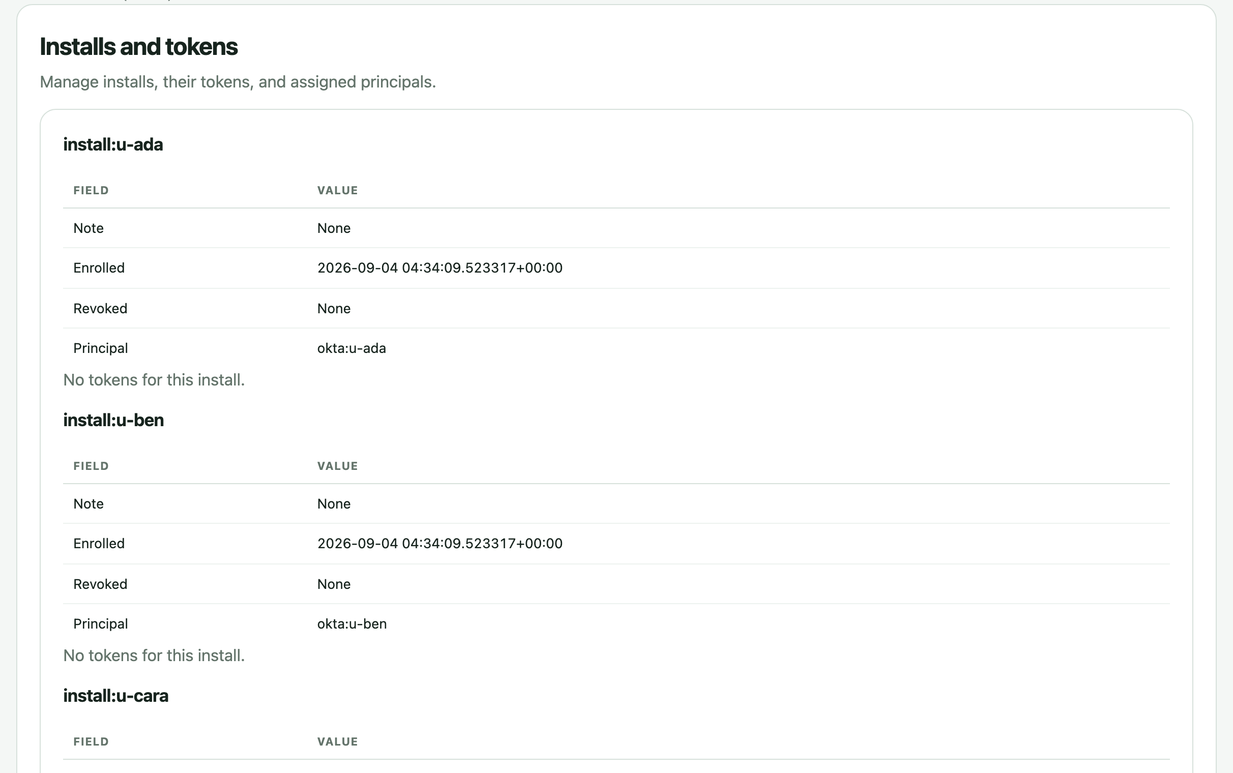 Installs and tokens in the ai-cur demo admin page: each install with its enrollment time, revocation state and assigned principal