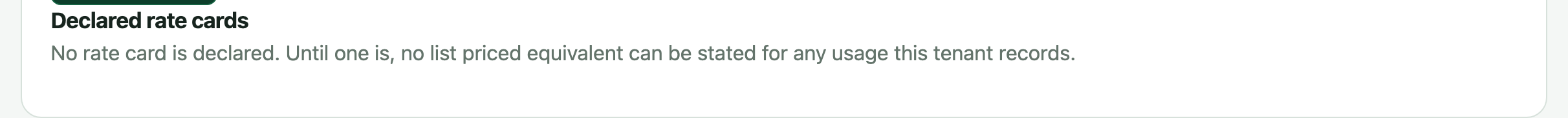Declared rate cards in the ai-cur demo admin page: no rate card is declared, so no list priced equivalent can be stated