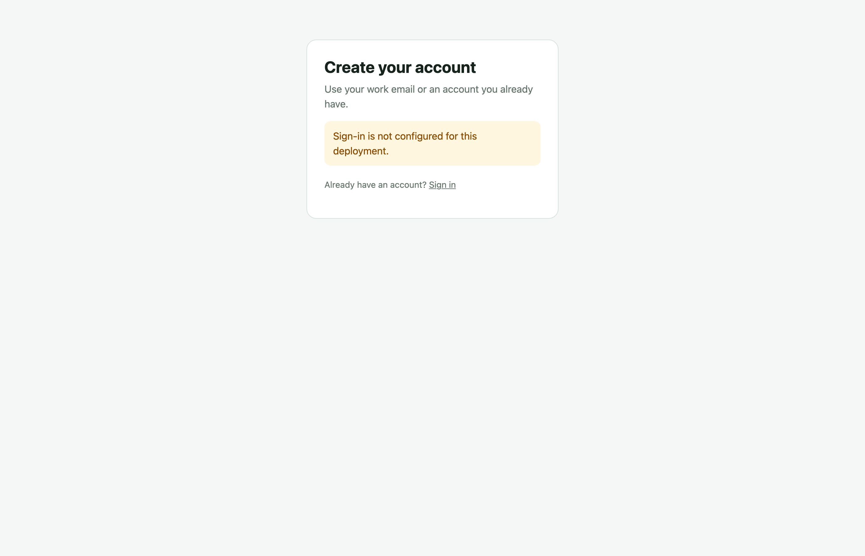 The ai-cur sign-up page on the demo host, reading Create your account, with the notice that sign-in is not configured for this deployment