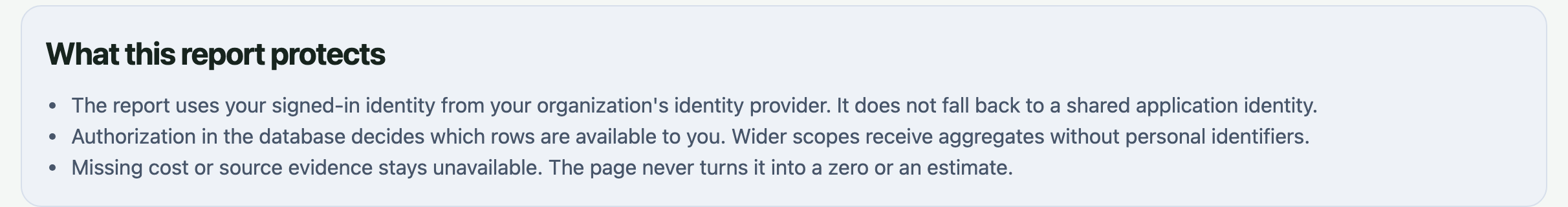 The What this report protects panel in the ai-cur demo: signed-in identity from your identity provider, authorization in the database, aggregates without personal identifiers for wider scopes, and missing evidence shown as unavailable